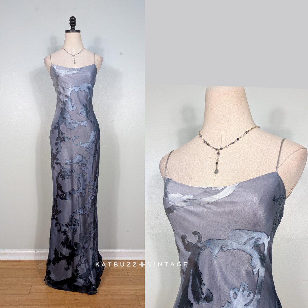 Vintage Silk Prom Dress Maxi Gown 2 Gray Silk Velvet Burnout Floral 90S Y2K Glam